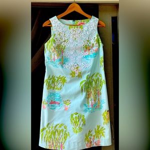 Lilly Pulitzer shift dress, size 2, printed pastels with white lace
